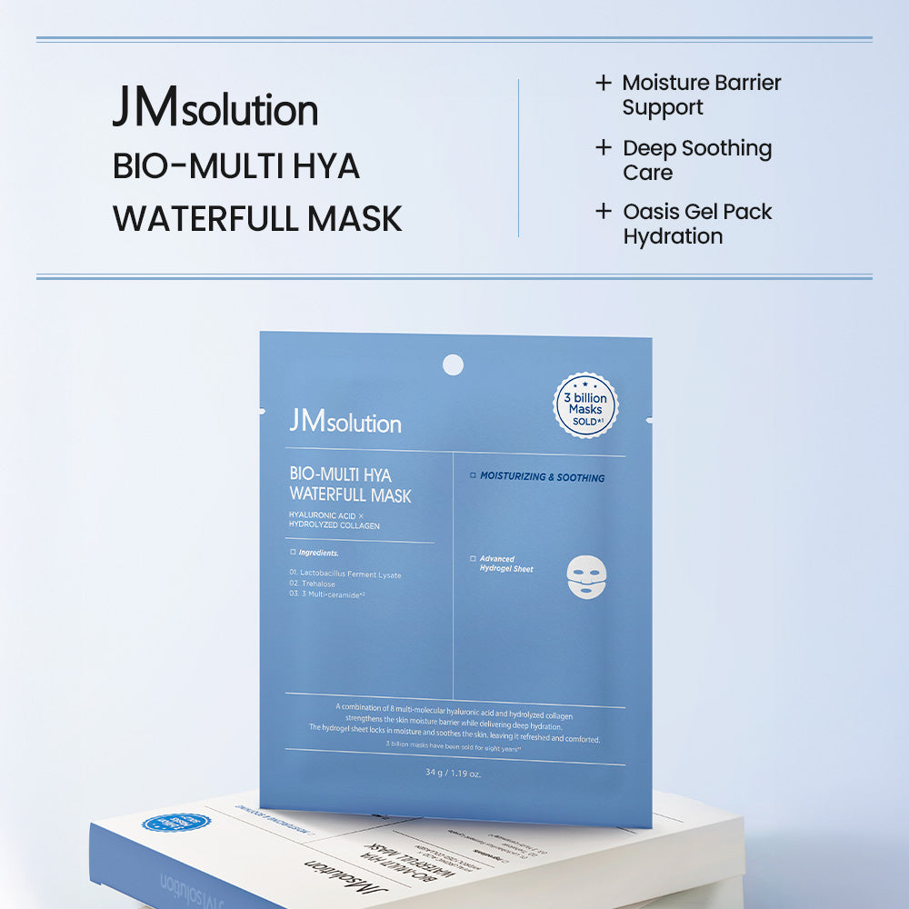 JMsolution Bio Multi-Hyaluronic Waterfull Mask – Deep Hydration Hydrogel Sheet Mask for Dry & Dehydrated Skin – 5-Layer Hyaluronic Acid – Overnight Treatment (4 Sheets)