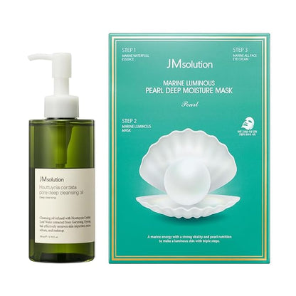 JMsolution Skin Care Bundle- Heart leaf Cleansing Oil with Marine Luminous Pearl Deep Moisture 3 Step Skin Care Face Mask